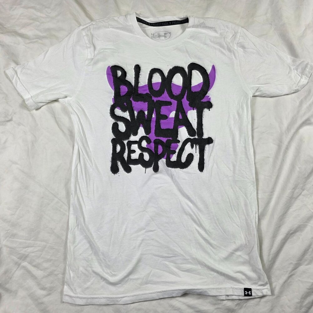 Under Armour Project Rock Q3 Payoff Mens Small White Shirt Blood Sweat Respect